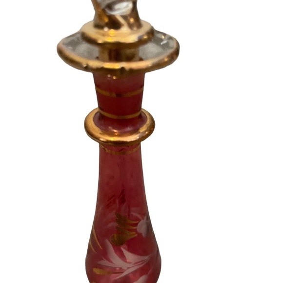 Vintage Egyptian Hand Blown Etched Glass Perfume Bottle Gold Trim With Stopper - Picture 5 of 12